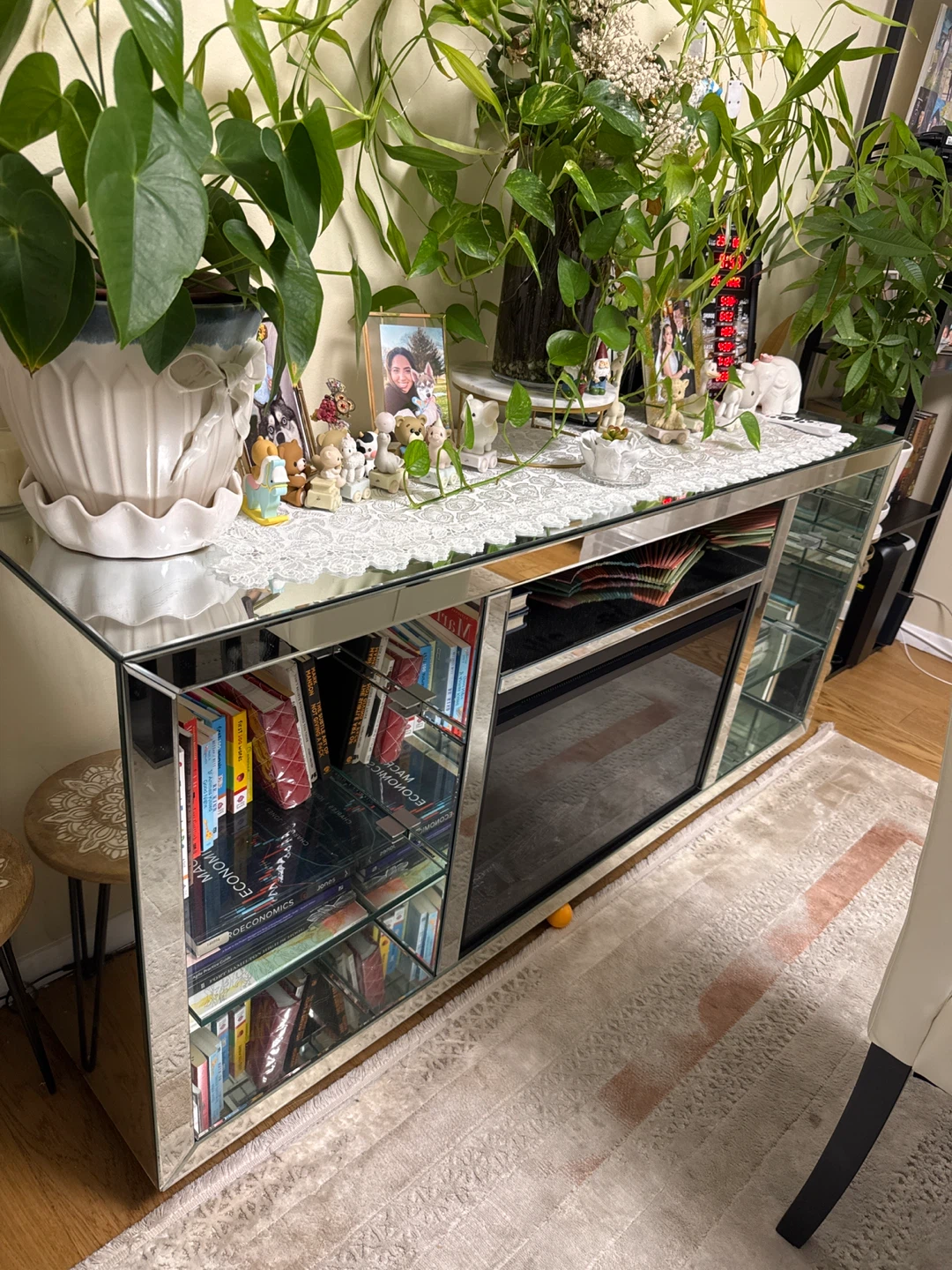 Mirrored Media Console with Electric Fireplace