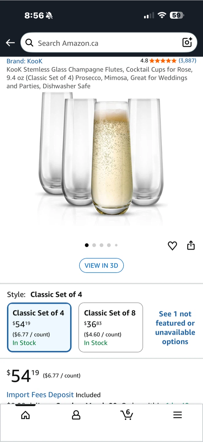 Set of 6 Clear Stemless Wine Glasses