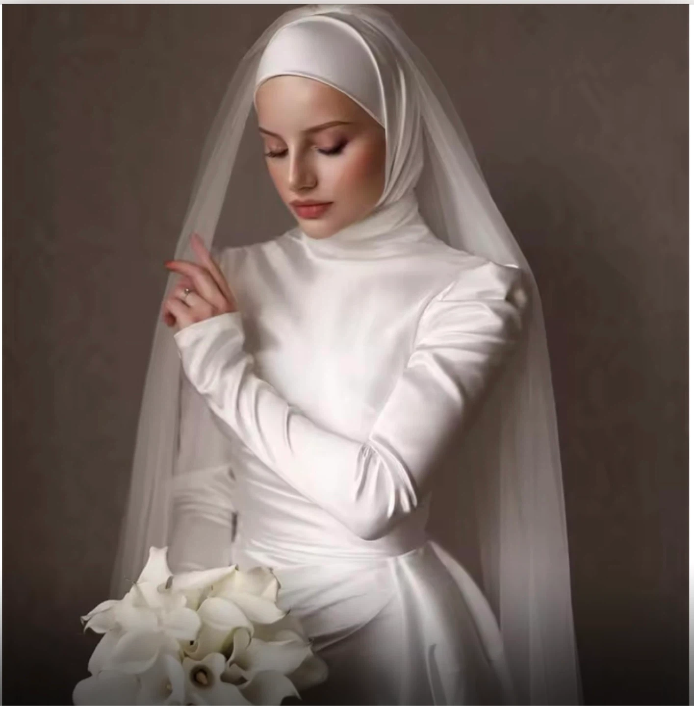 White Satin Long Sleeve Wedding Dress