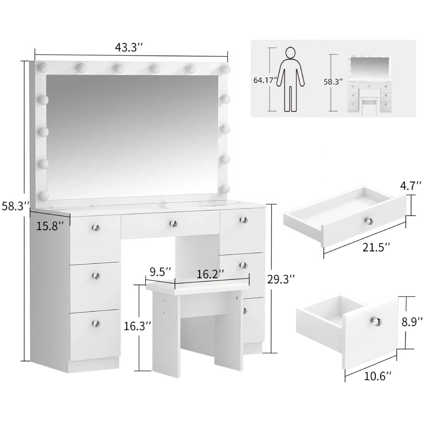 White Vanity Table with Lights and Stool with 7 Storages - photo 3