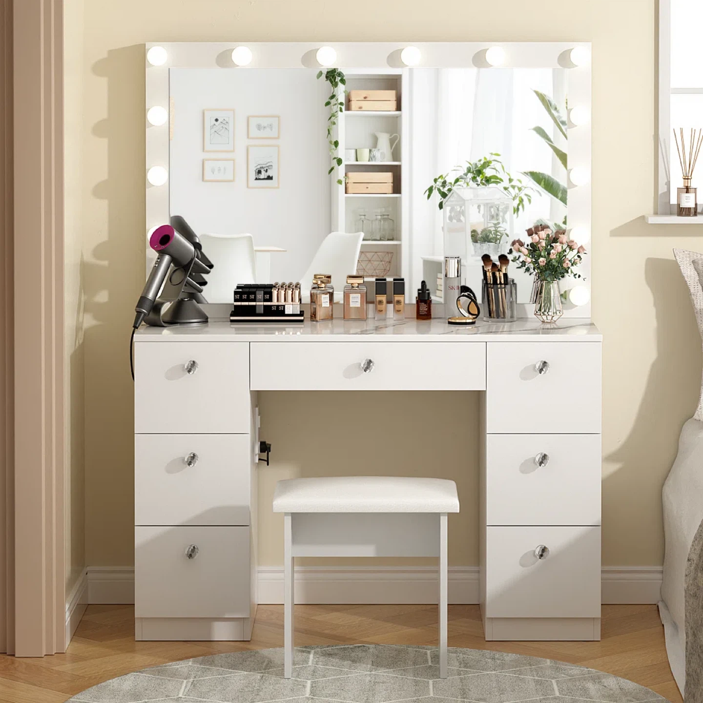 White Vanity Table with Lights and Stool with 7 Storages