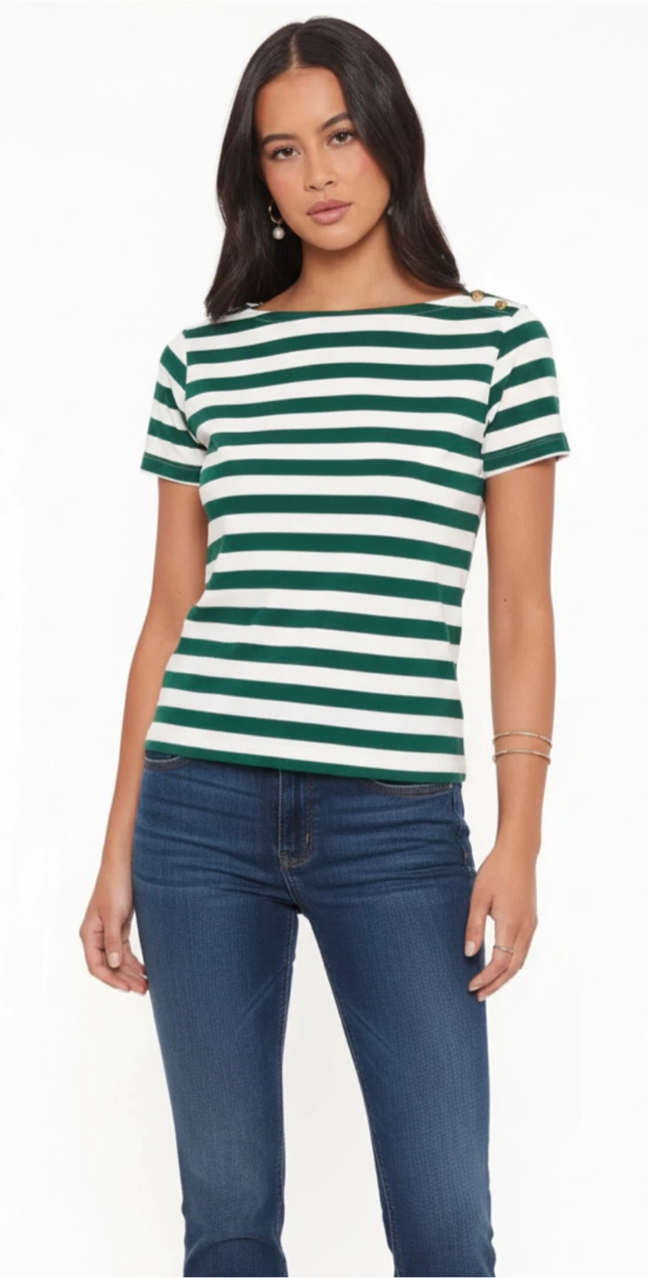 J. Crew Striped Boatneck T-Shirt with Gold Buttons