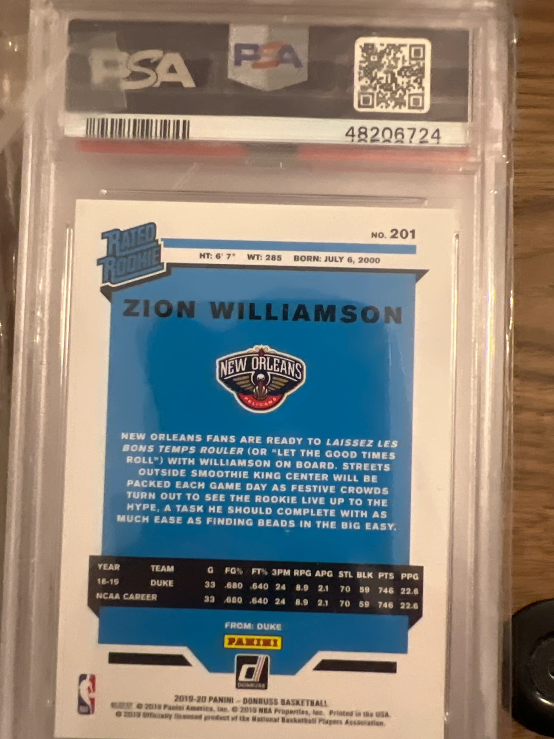 2019 Panini Donruss Zion Williamson #201 PSA 10 Gem Mint - photo 2
