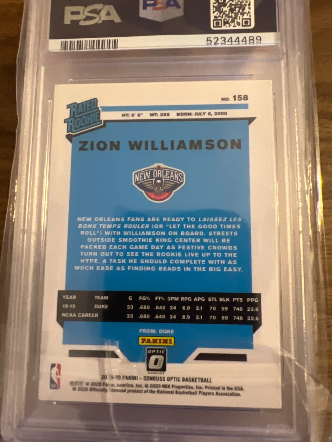 2019 Panini Donruss Optic Zion Williamson #158 PSA 10 Gem Mint - photo 2