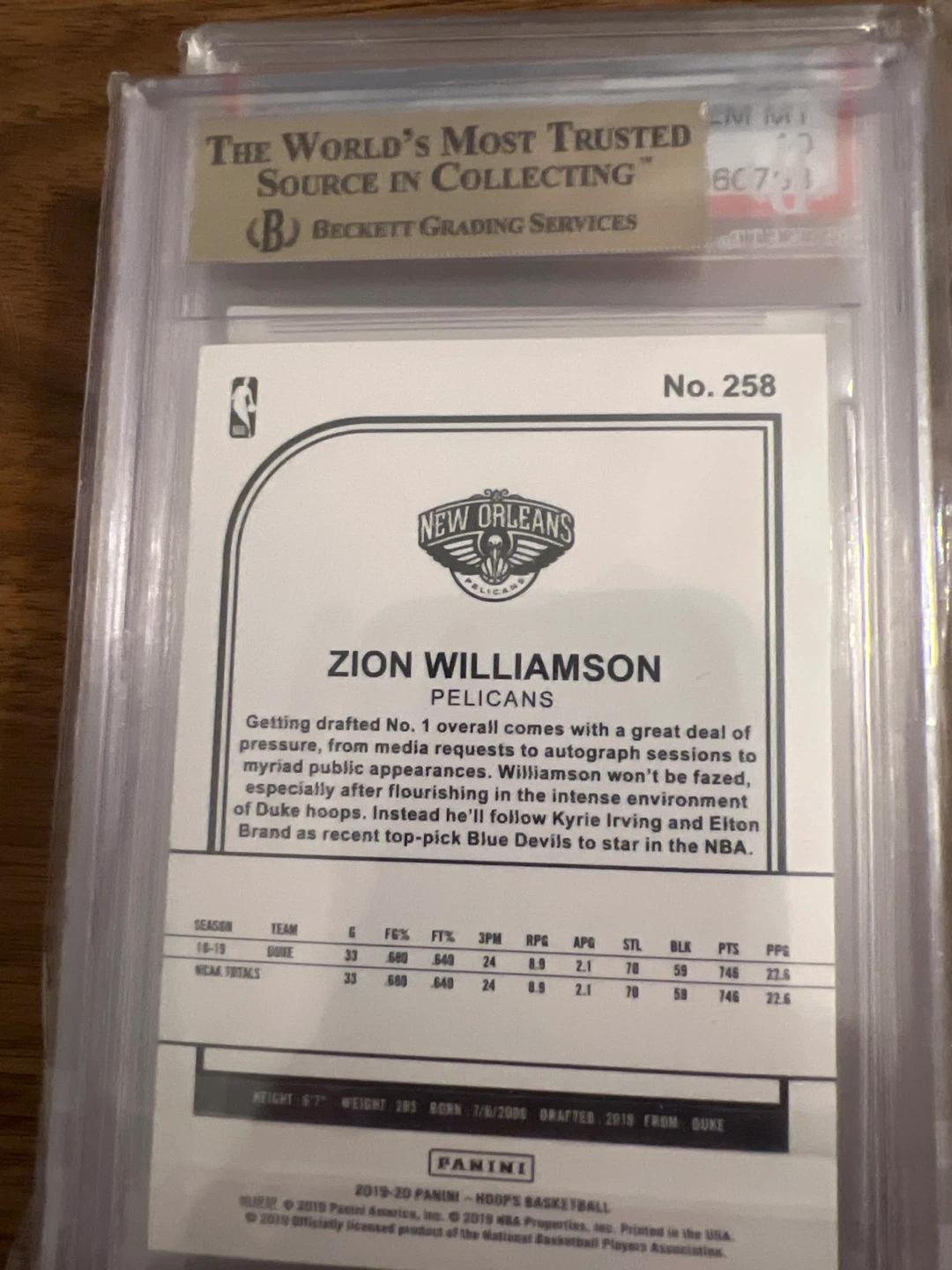 2019-20 Panini NBA Hoops Zion Williamson Rookie Card #258 - photo 2
