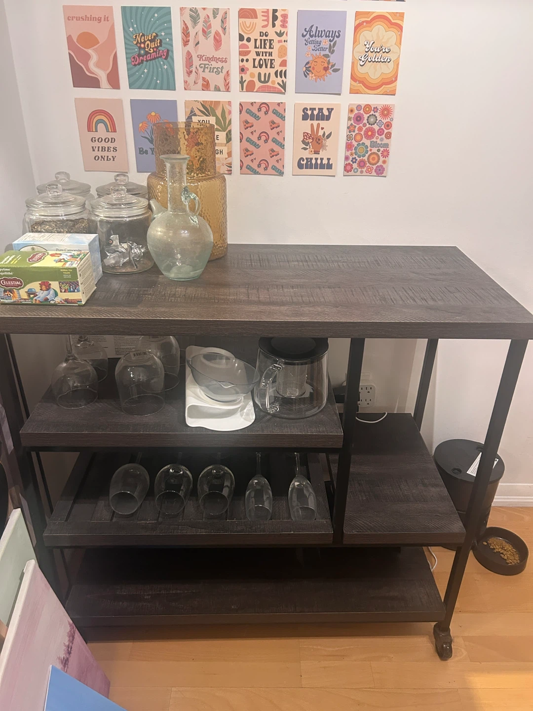 Rustic Wood and Metal Bar Cart with Wine Glass Rack - photo 3