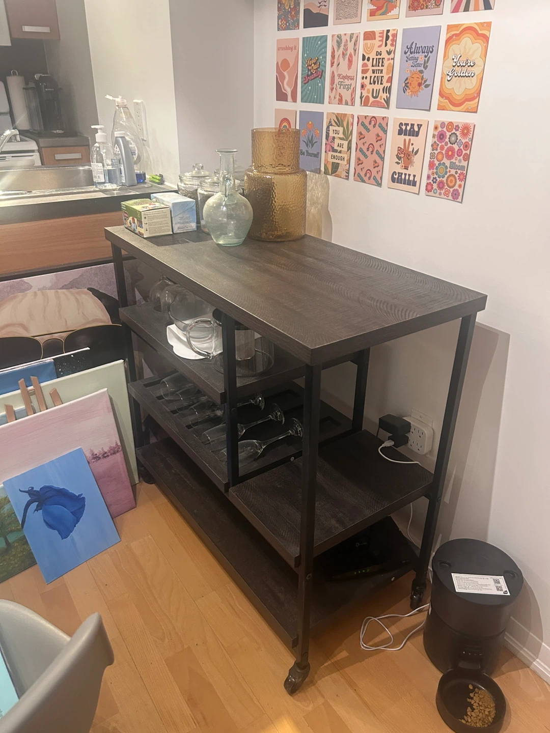 Rustic Wood and Metal Bar Cart with Wine Glass Rack