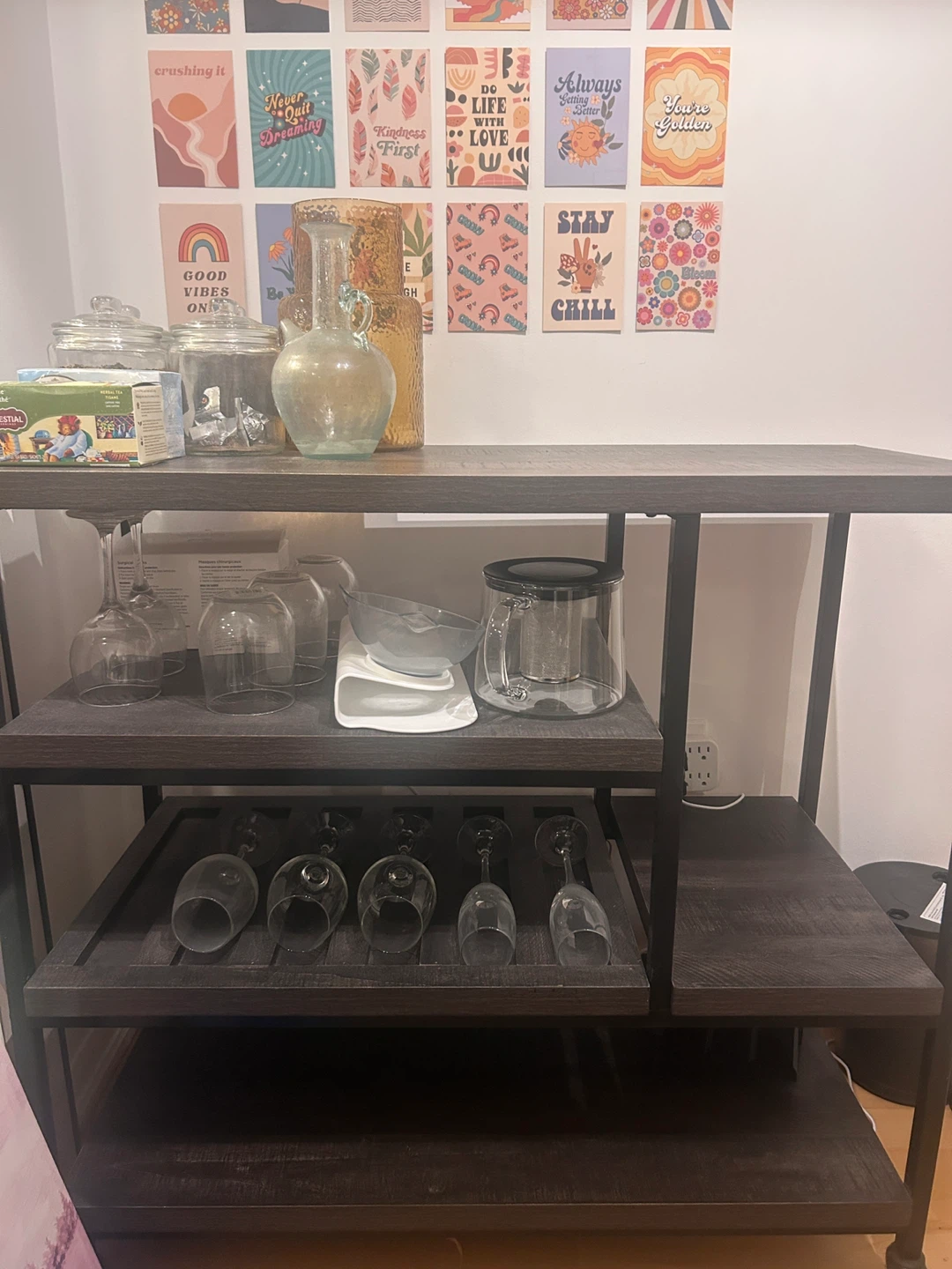 Rustic Wood and Metal Bar Cart with Wine Glass Rack - photo 2