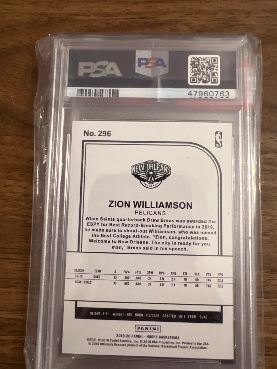 2019 Panini Hoops Zion Williamson RC #296 PSA 10 Gem Mint - photo 2