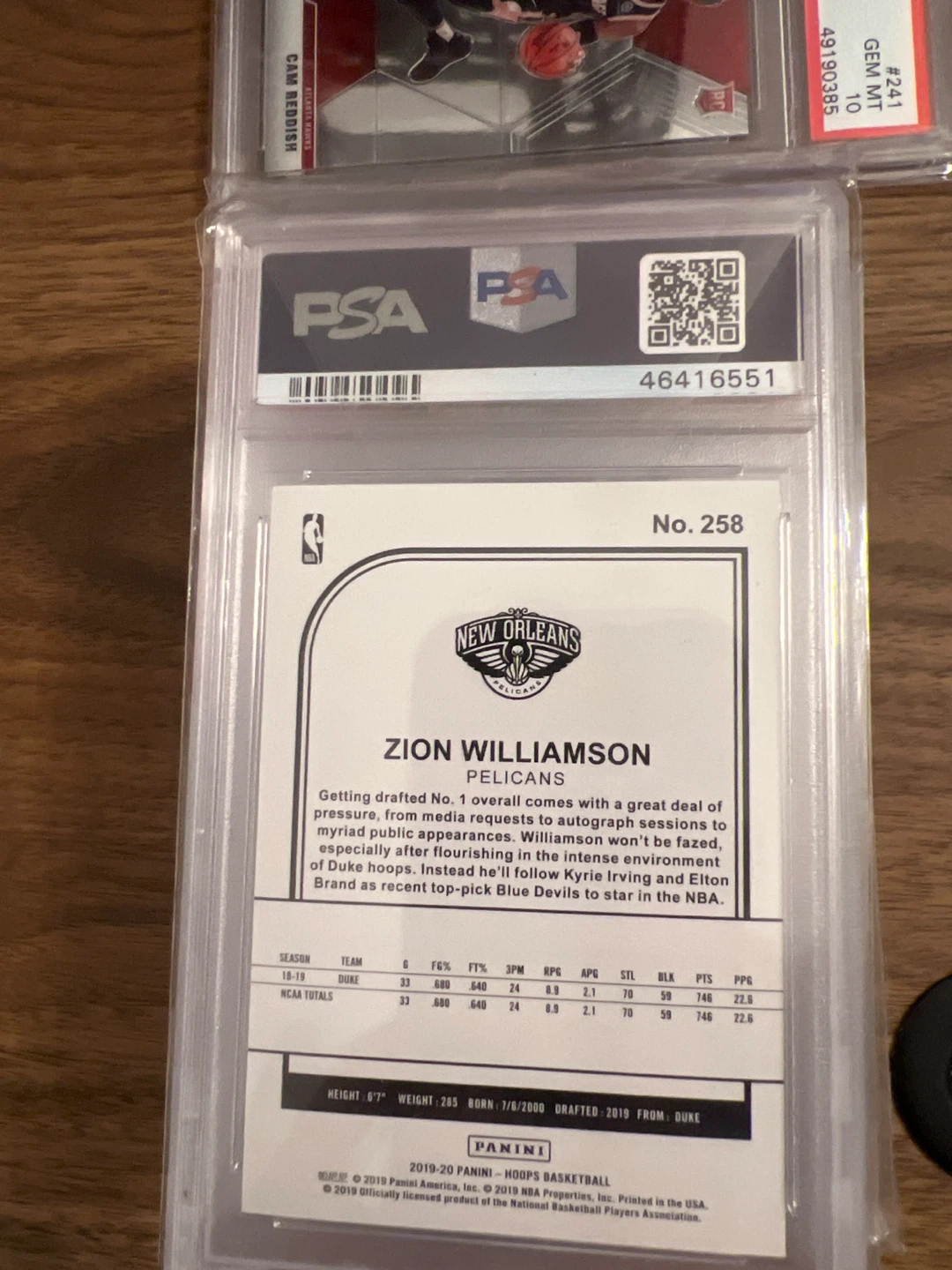 2019 Panini Hoops Zion Williamson #258 PSA 10 Gem Mint Card - photo 2