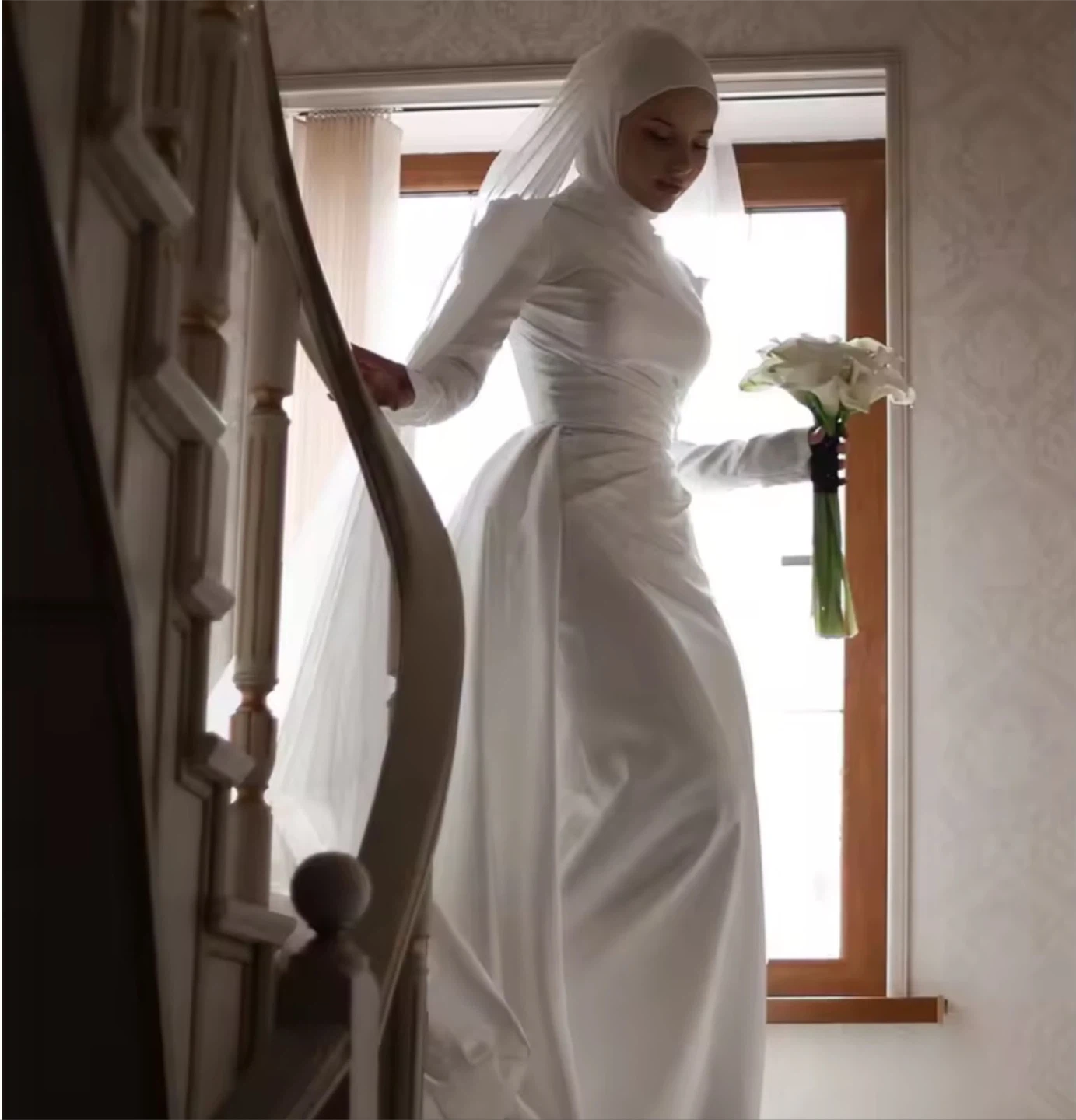 White Satin Long Sleeve Wedding Dress - photo 3