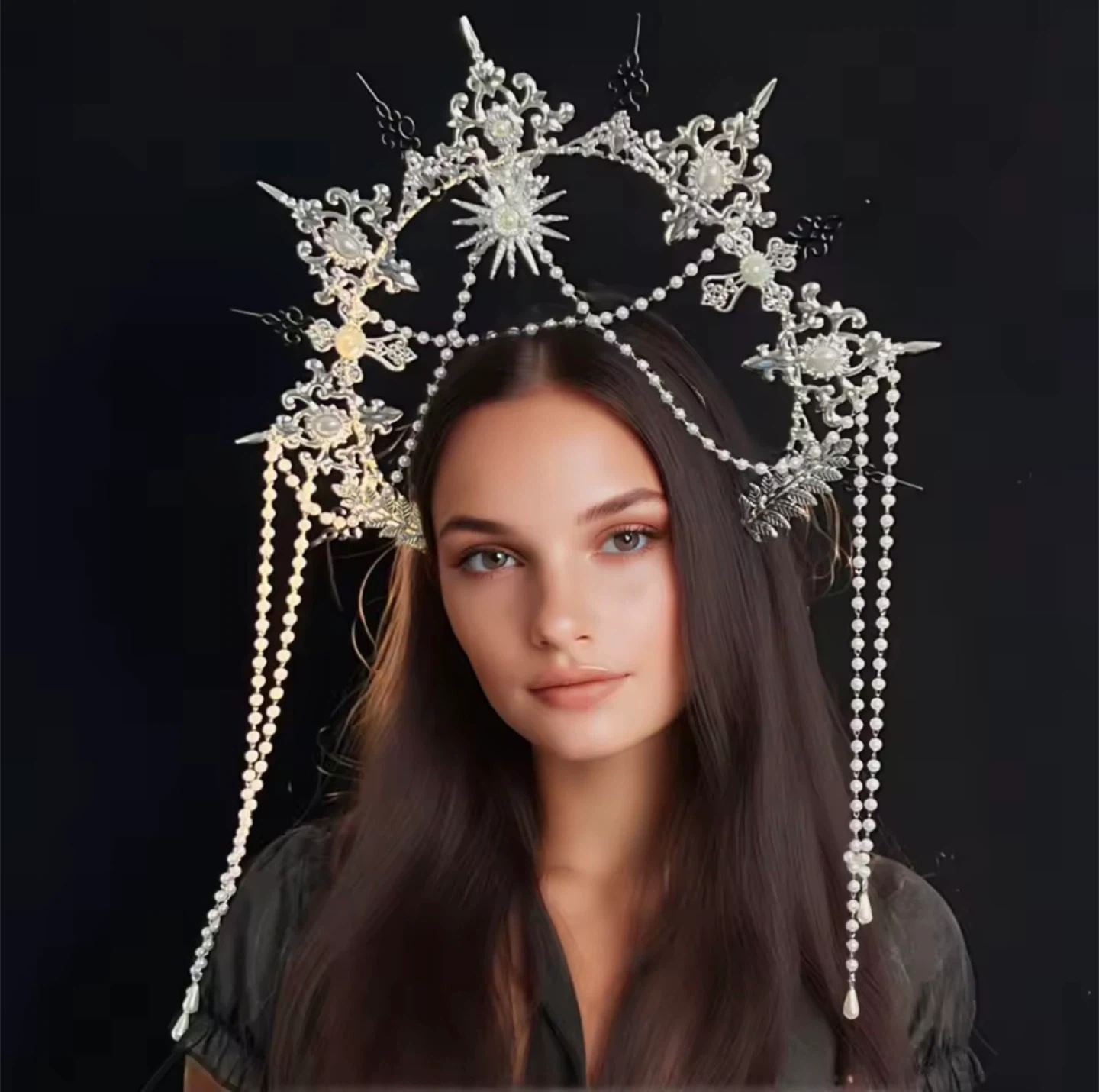 Angel Halo Crown Silver Baroque Goddess Tiara Headpiece Headband