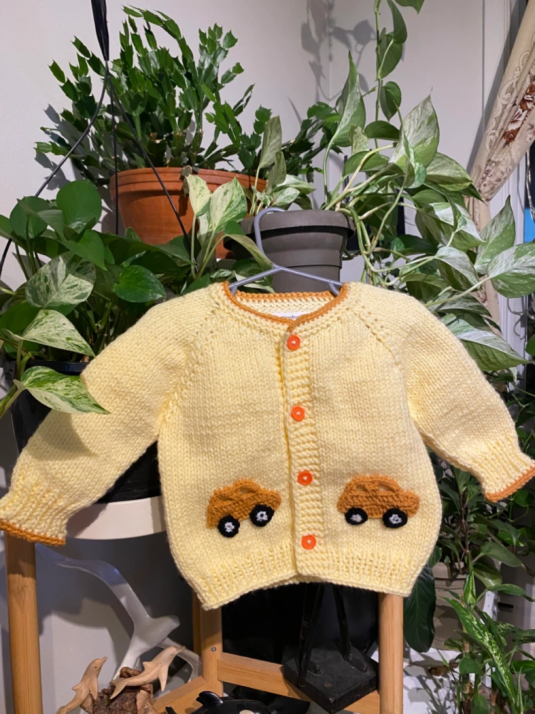Handmade Yellow Baby Cardigan with Cars