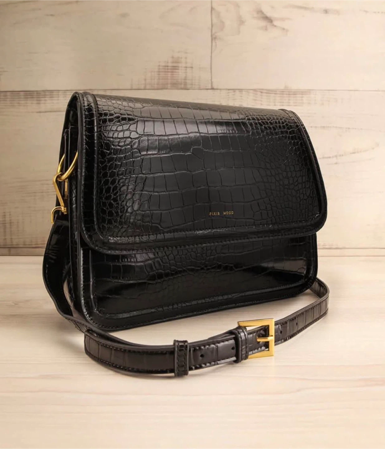 Pixie Mood Black Croc Embossed Shoulder Bag