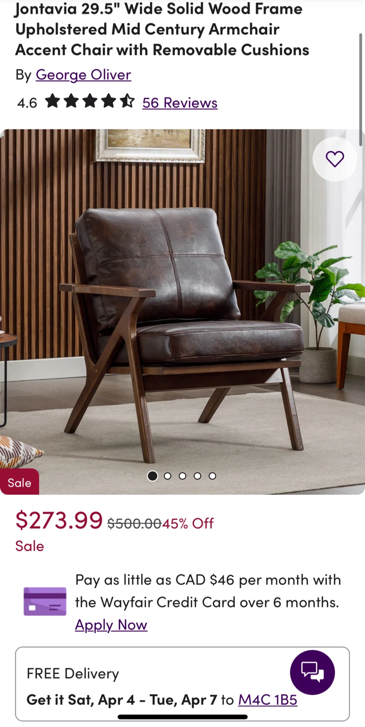 Wayfair Dark Brown Leather Solid Wood Mid-Century Accent Chair 🥕 - photo 2