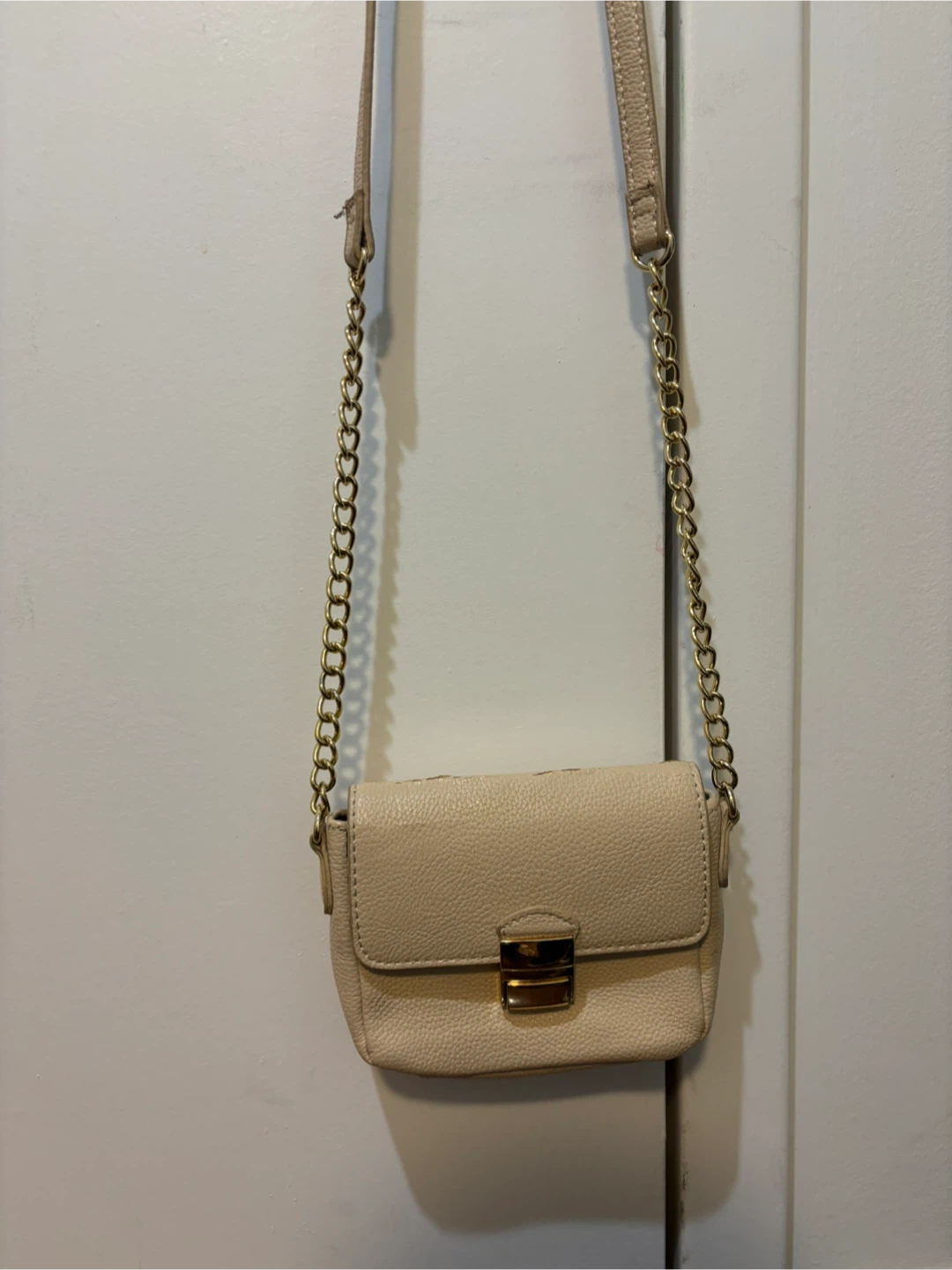 Beige Faux Leather Crossbody Bag with Gold Chain Strap