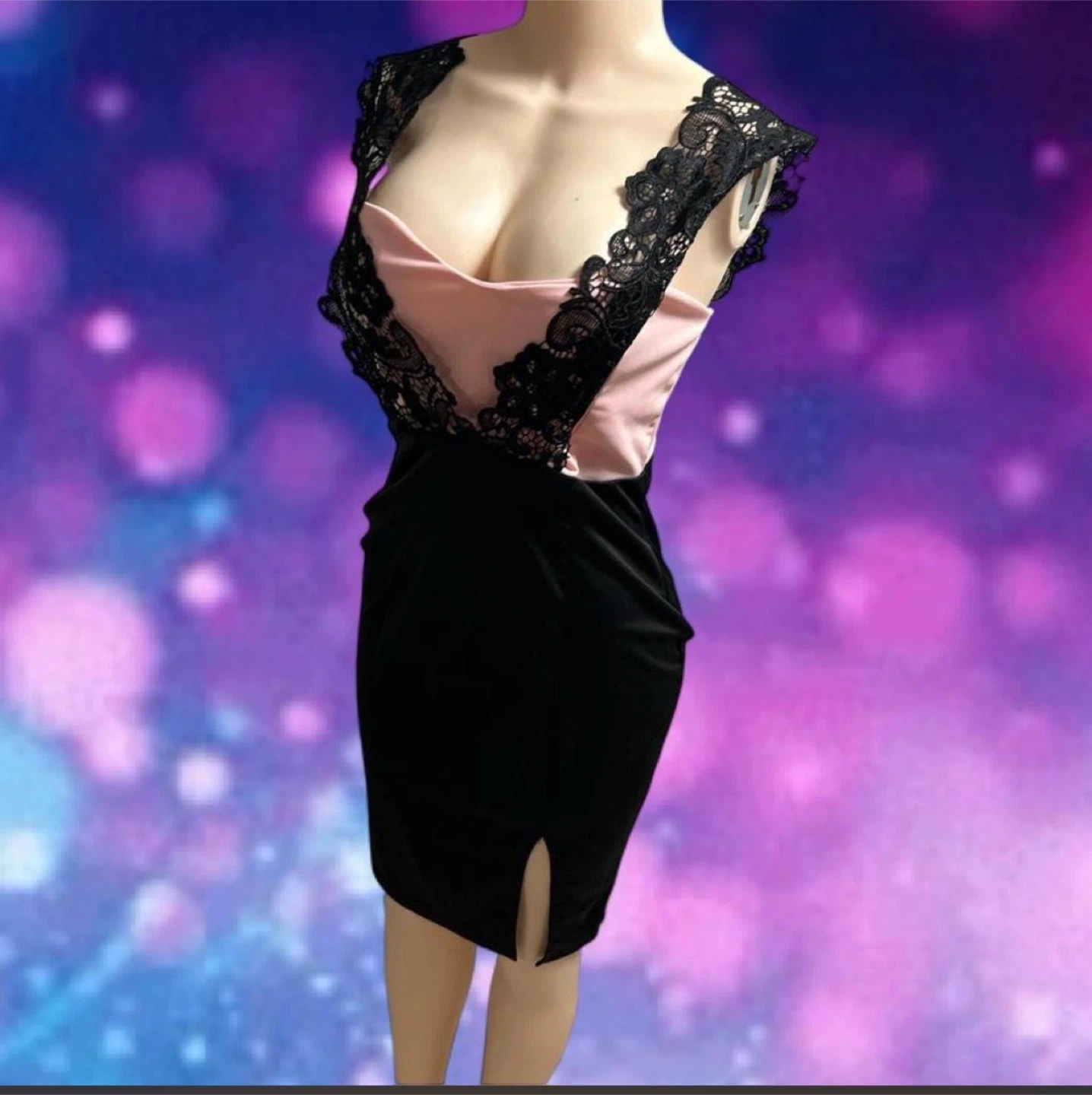 Black & Pink Lace Trim Bodycon Dress - photo 2