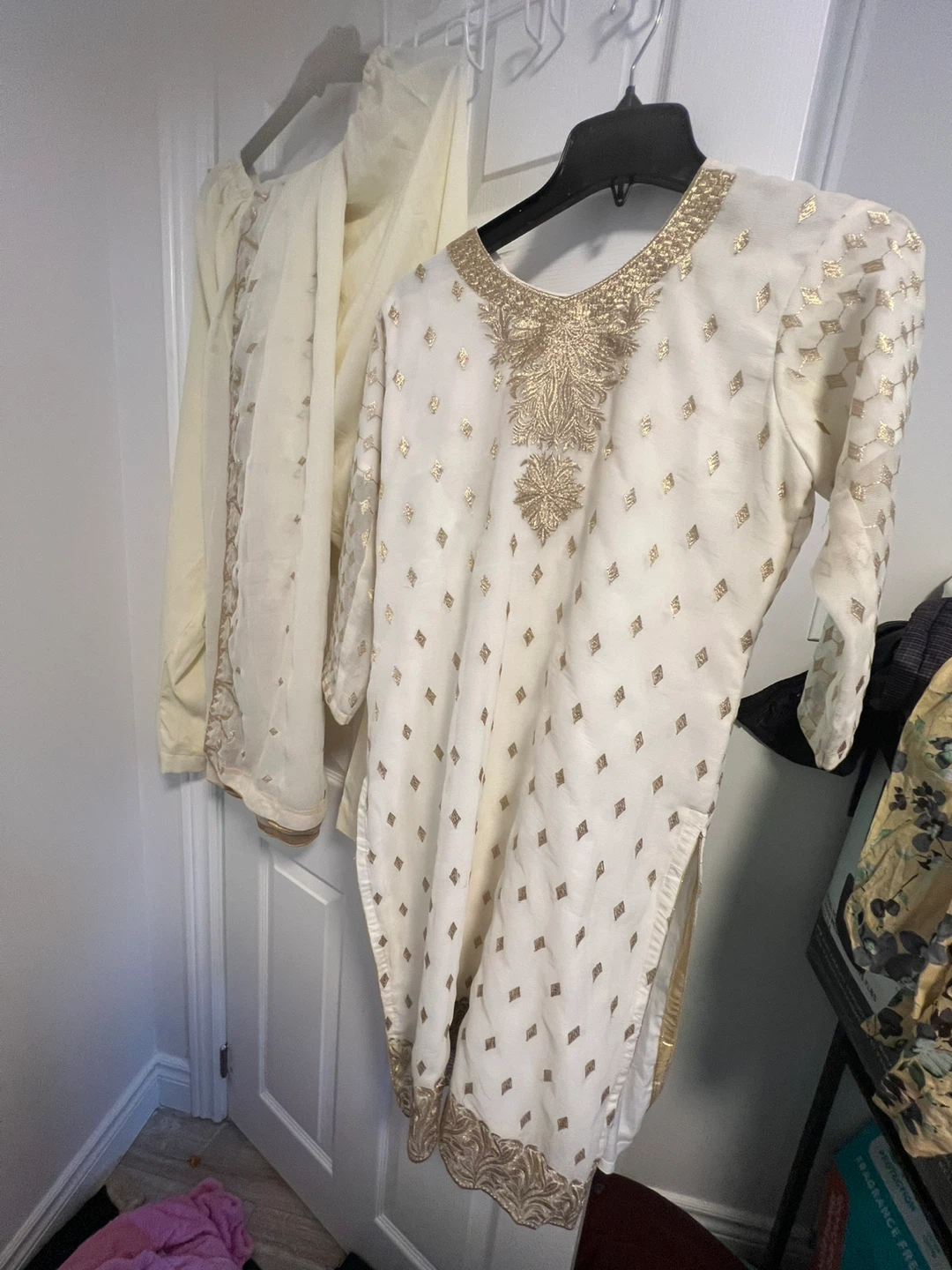Cream and Gold Embroidered Kurta with Dupatta and trouser