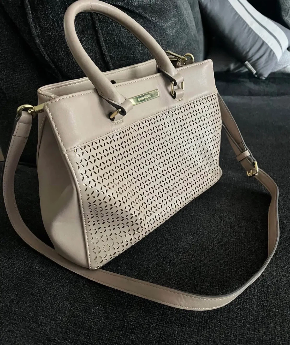 Anne Klein Beige Satchel Handbag with Perforated Design