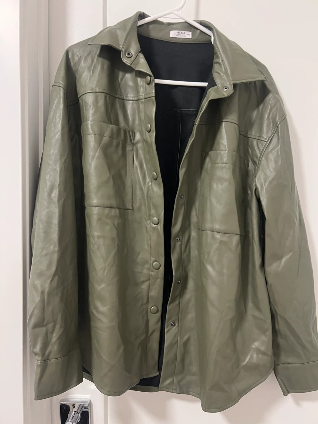 AMOE Faux Leather Shirt Jacket - Olive Green