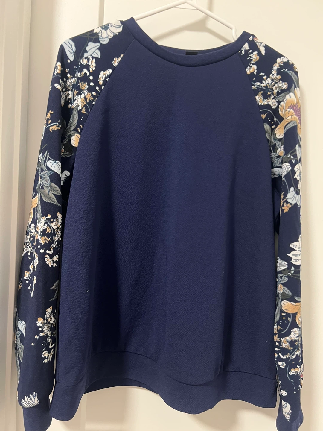 Navy Blue Crew Neck Sweatshirt with Floral Sleeves