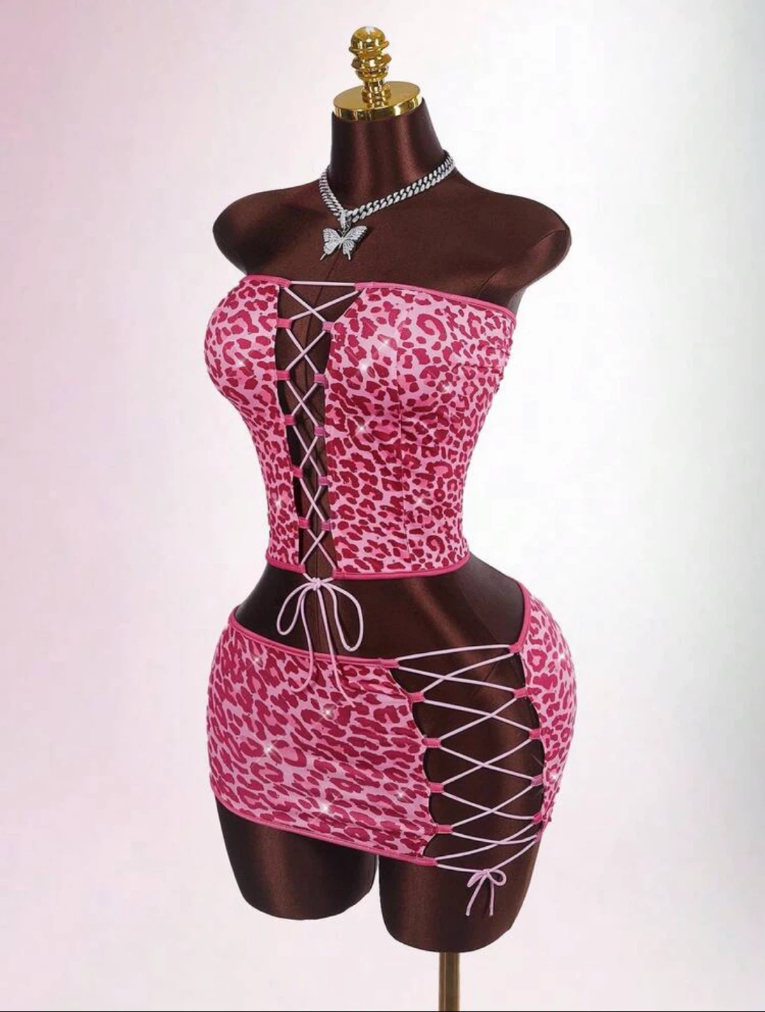 Pink Leopard Print Corset Top and Mini Skirt Set