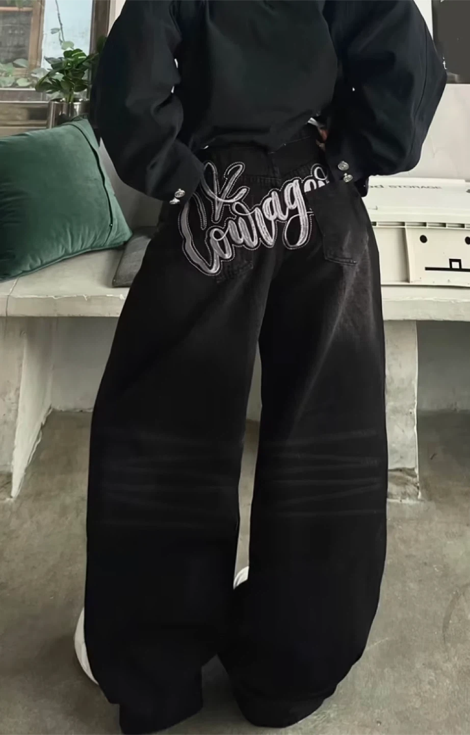 Black Wide Leg Jeans with "Courage" Embroidery