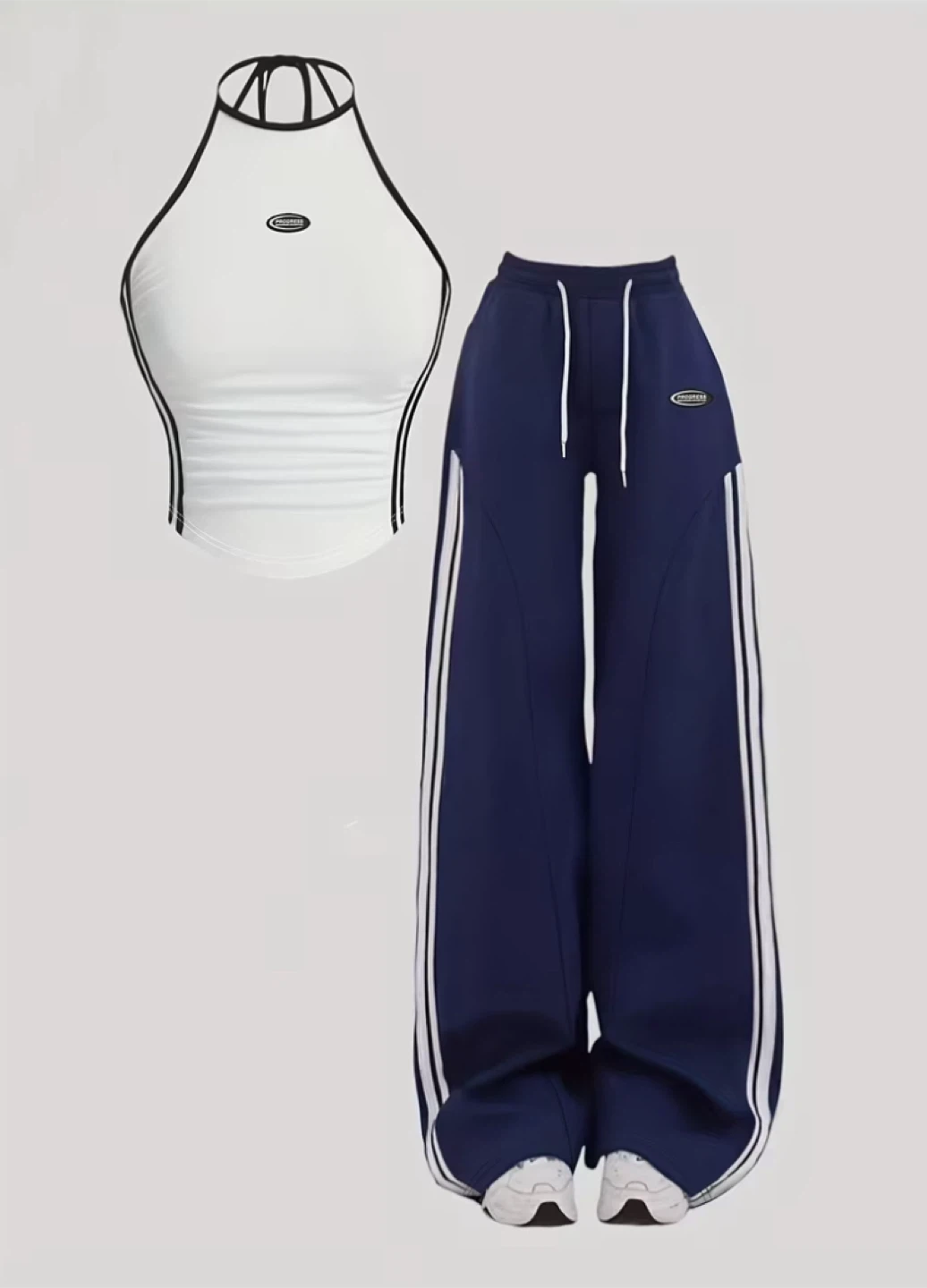 White Halter Top & Navy Track Pants Set