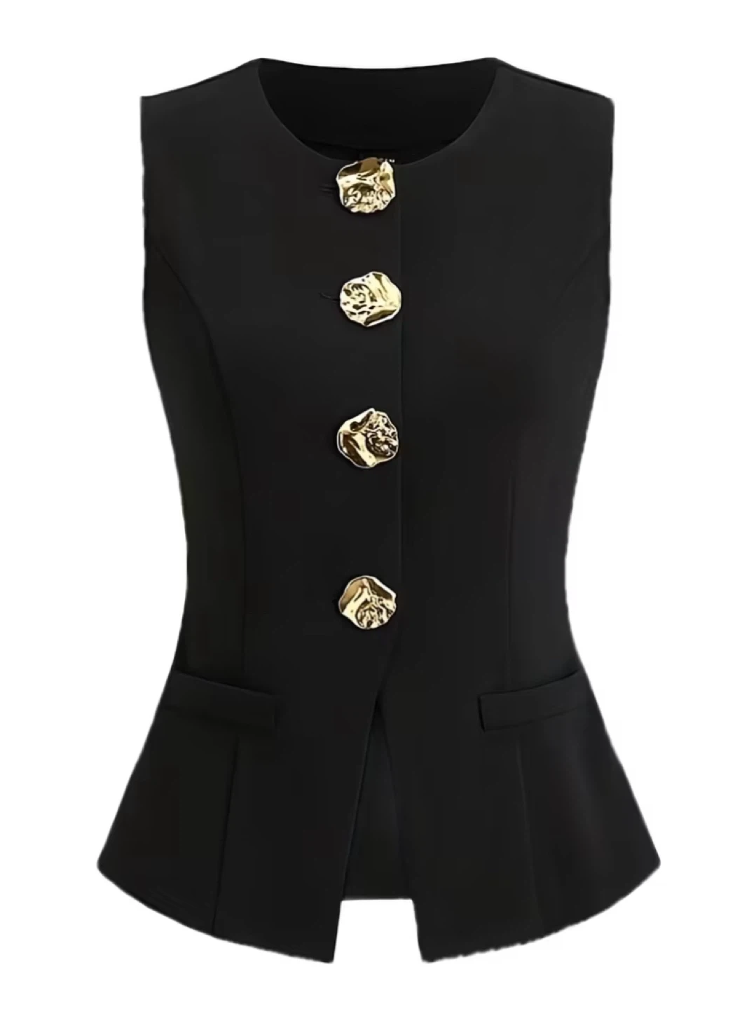 Black sleeveless vest with gold buttons