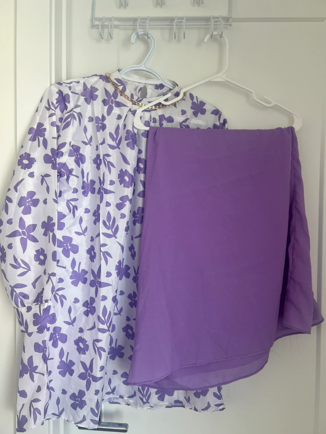 Purple Floral Print Blouse and Skirt Set