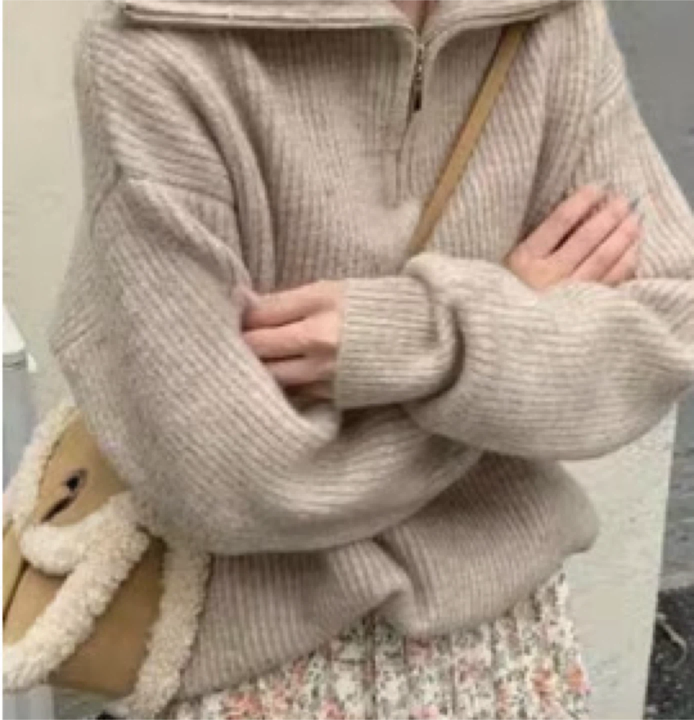Women's Beige Half-Zip Knit Sweater