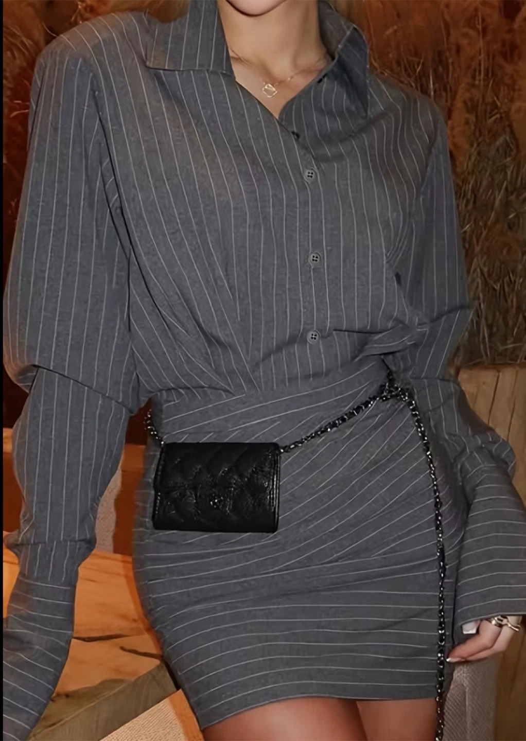 Gray Pinstripe button up shirt with matching skirt
