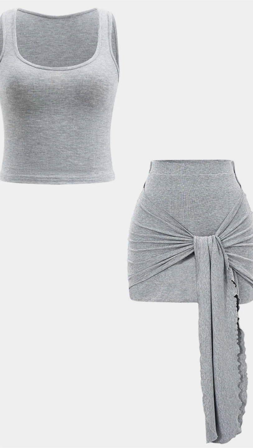Grey Ribbed Tank Top and Tie-Front Skirt Set