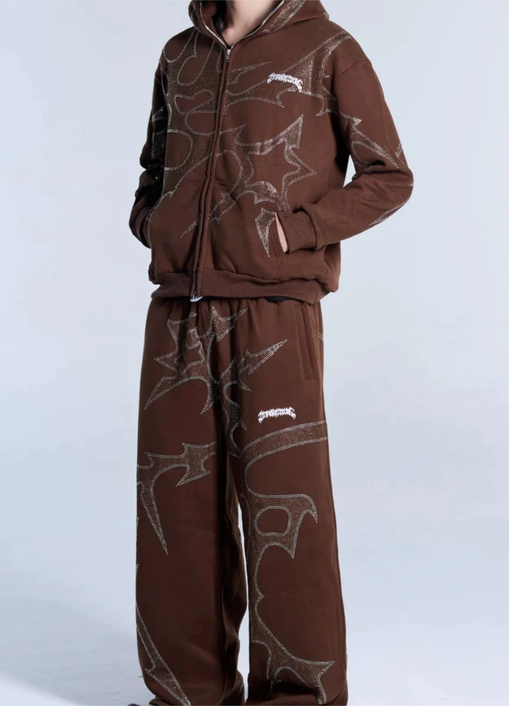 Brown Rhinestone Graphic Zip-Up Hoodie and Pants Set