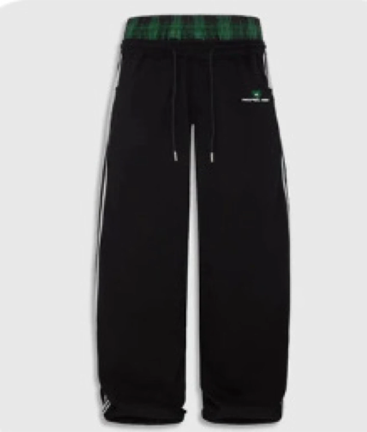 Black Track Pants with Green Plaid Waistband