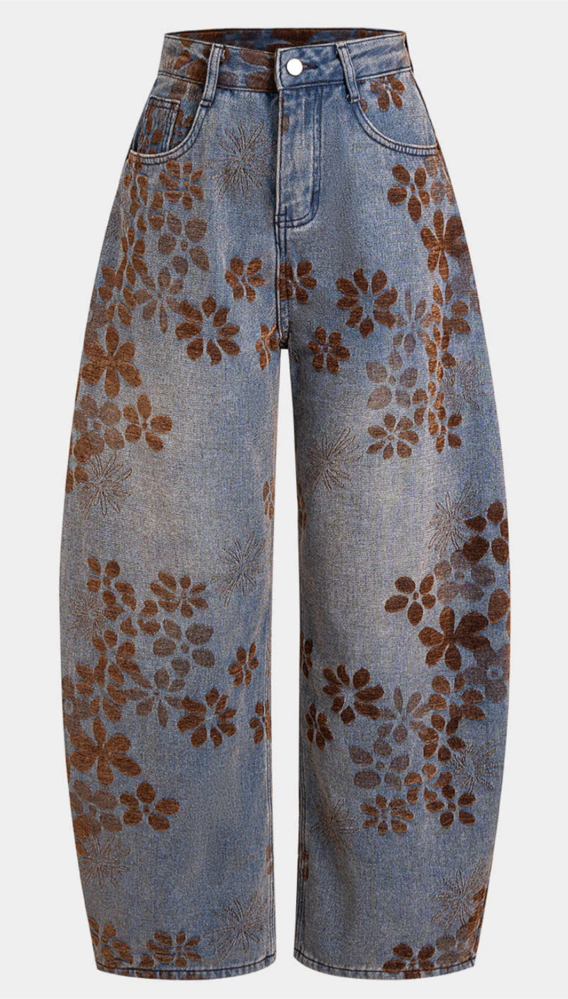 Women's Wide Leg Jeans - Blue Floral Pattern