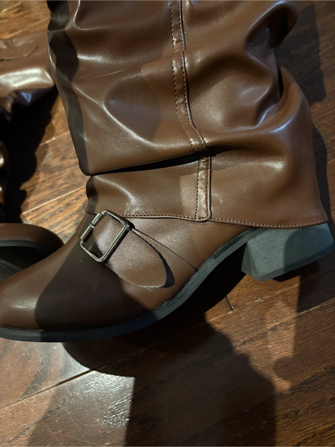Brown Faux Leather Slouch Boots with Buckle Accent - photo 2