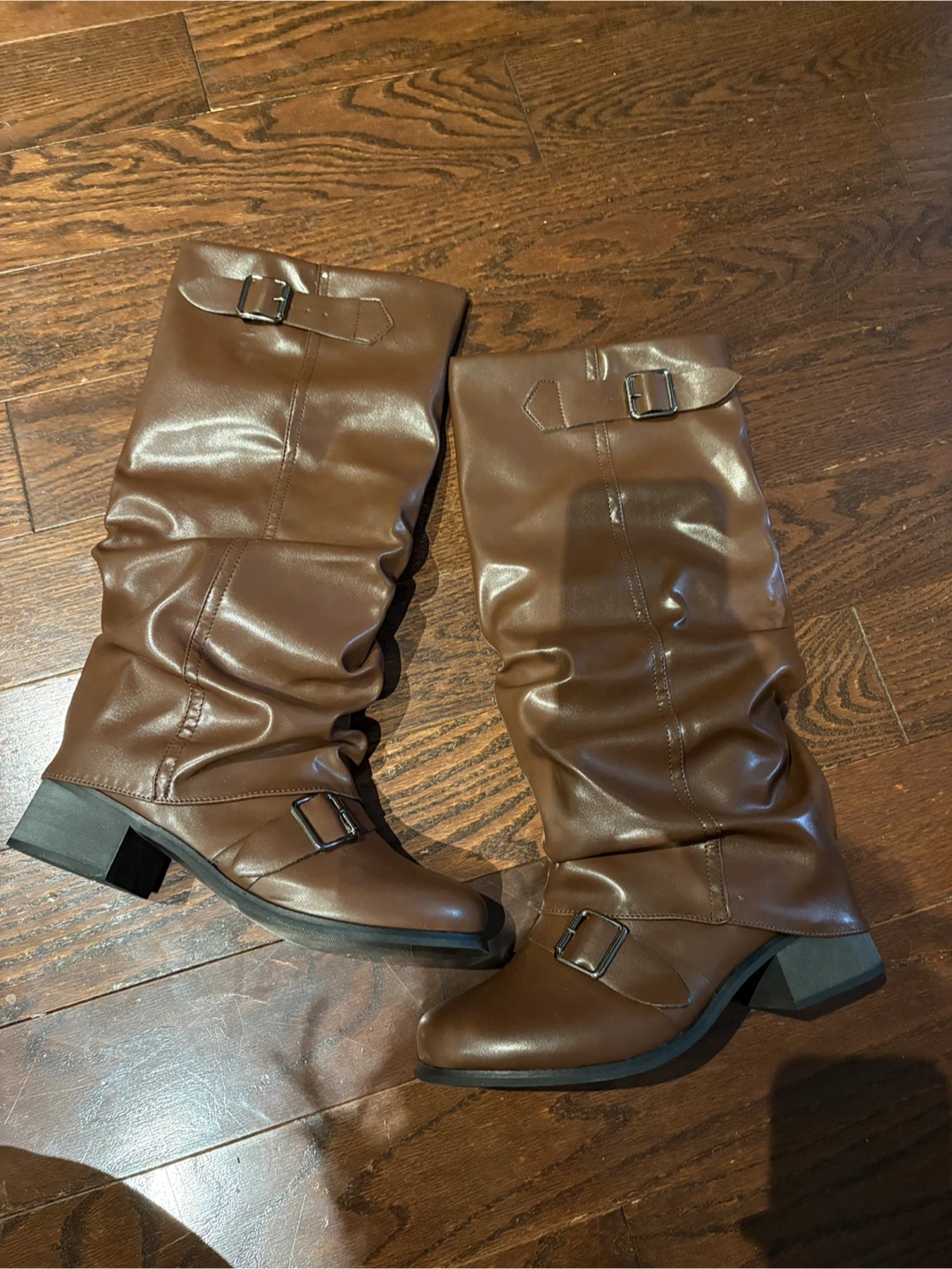 Brown Faux Leather Slouch Boots with Buckle Accent