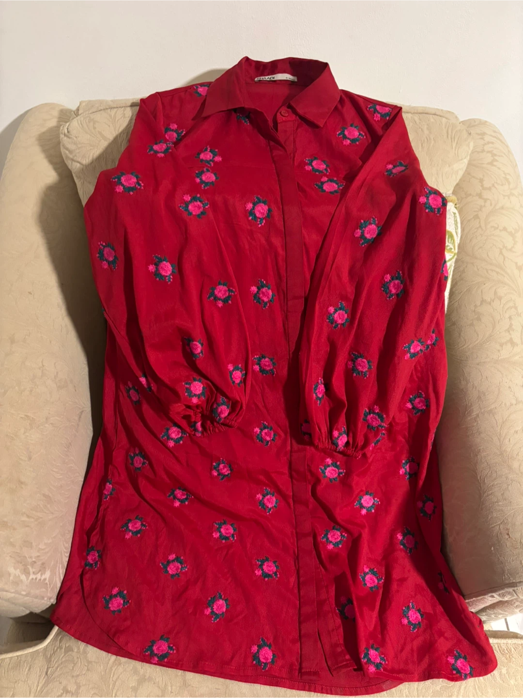 SHAADI Red Embroidered Floral Shirt Dress