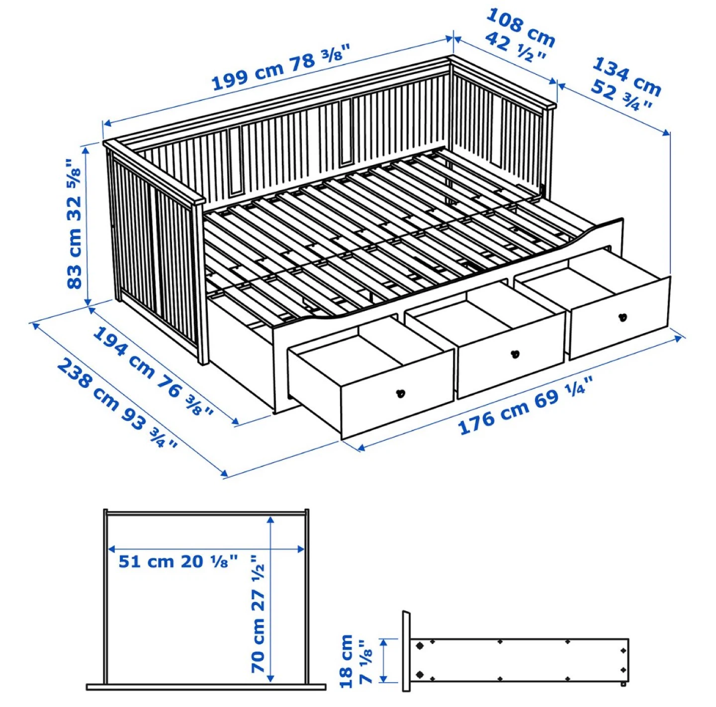 IKEA HEMNES Daybed Frame with 3 Drawers - White, Twin - photo 3