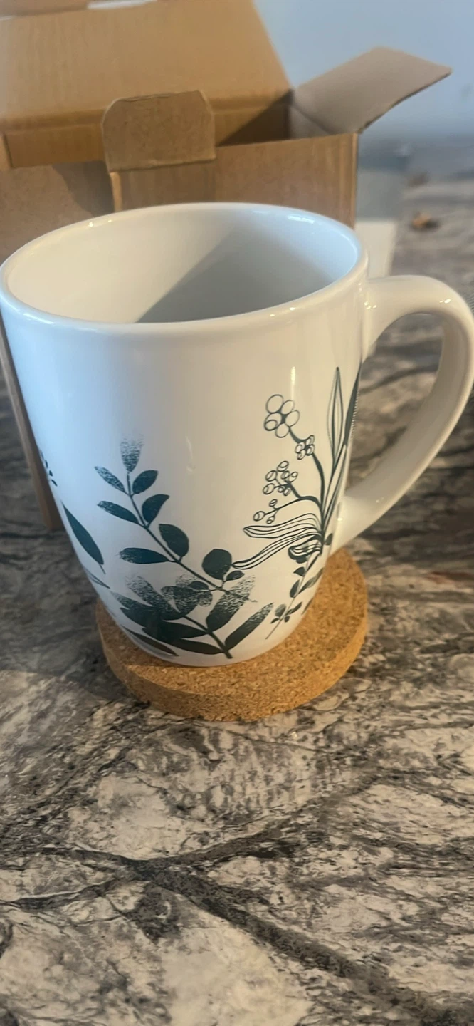 White Mug with Botanical Print and Cork Lid/Coaster