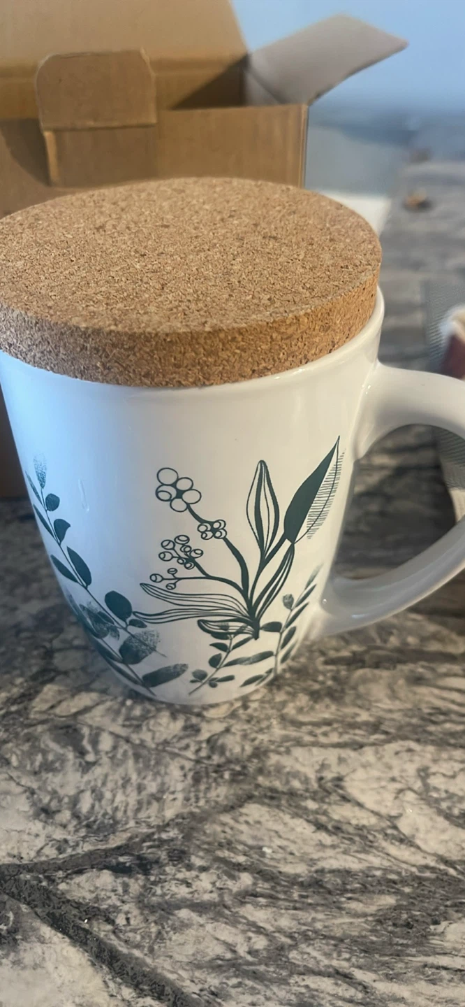 White Mug with Botanical Print and Cork Lid/Coaster - photo 2