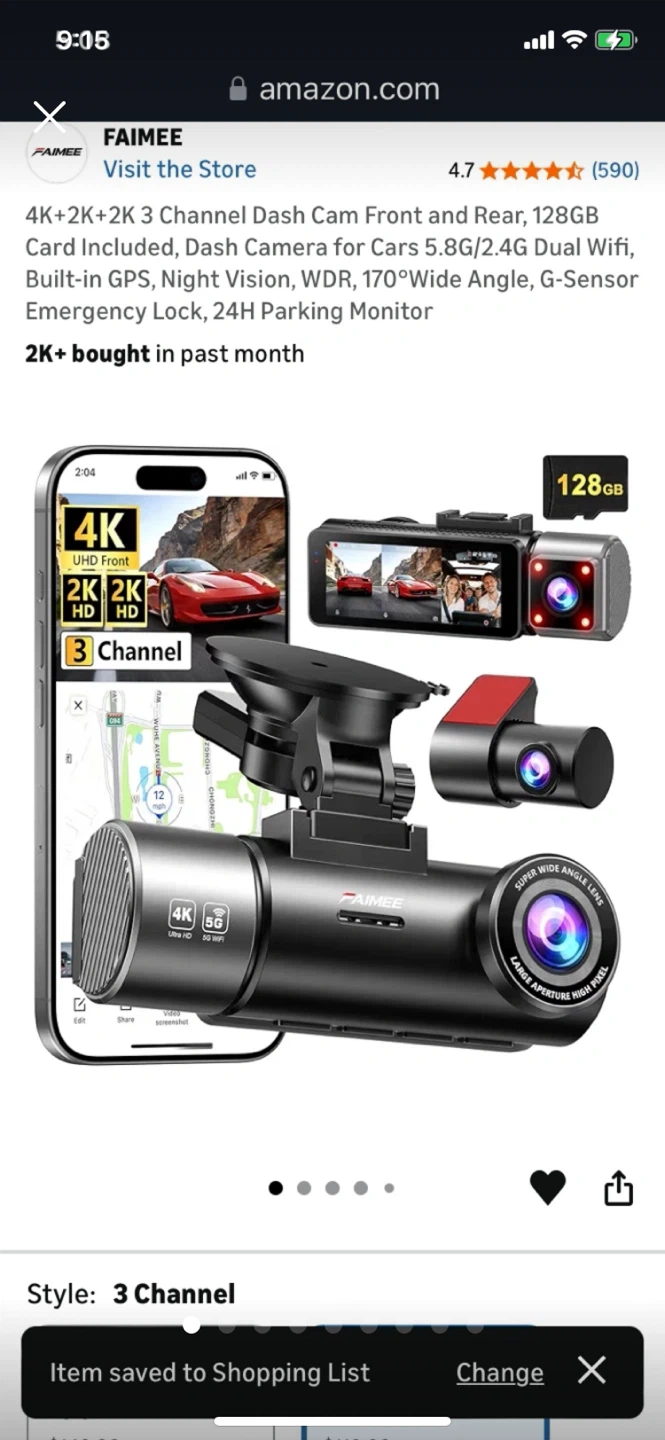 Big Sale - FAIMEE 3 Channel Dash Cam /128GB Card, GPS, Night