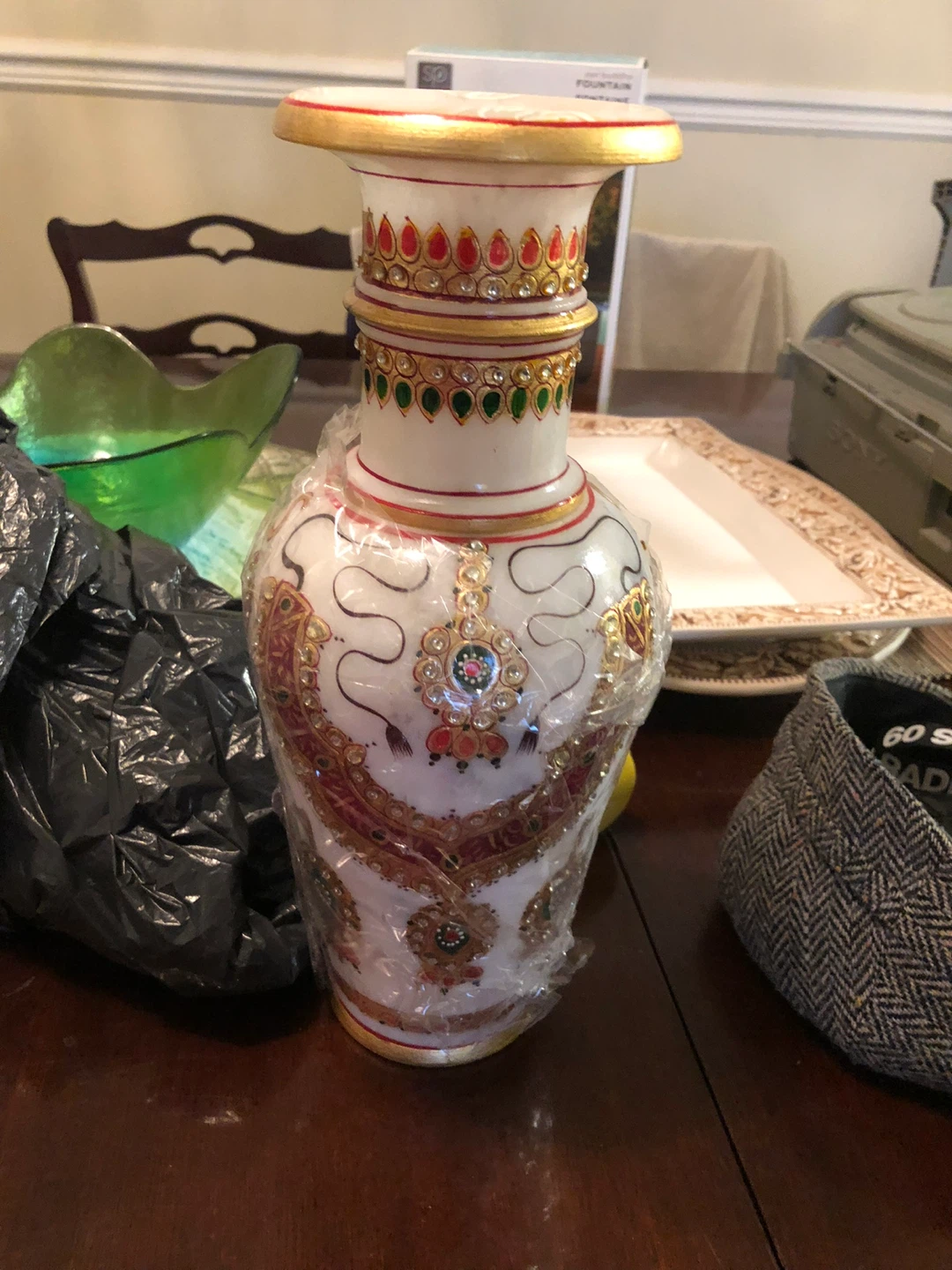 Decorative  soap stone Marble Vase with Intricate Gold Detailing