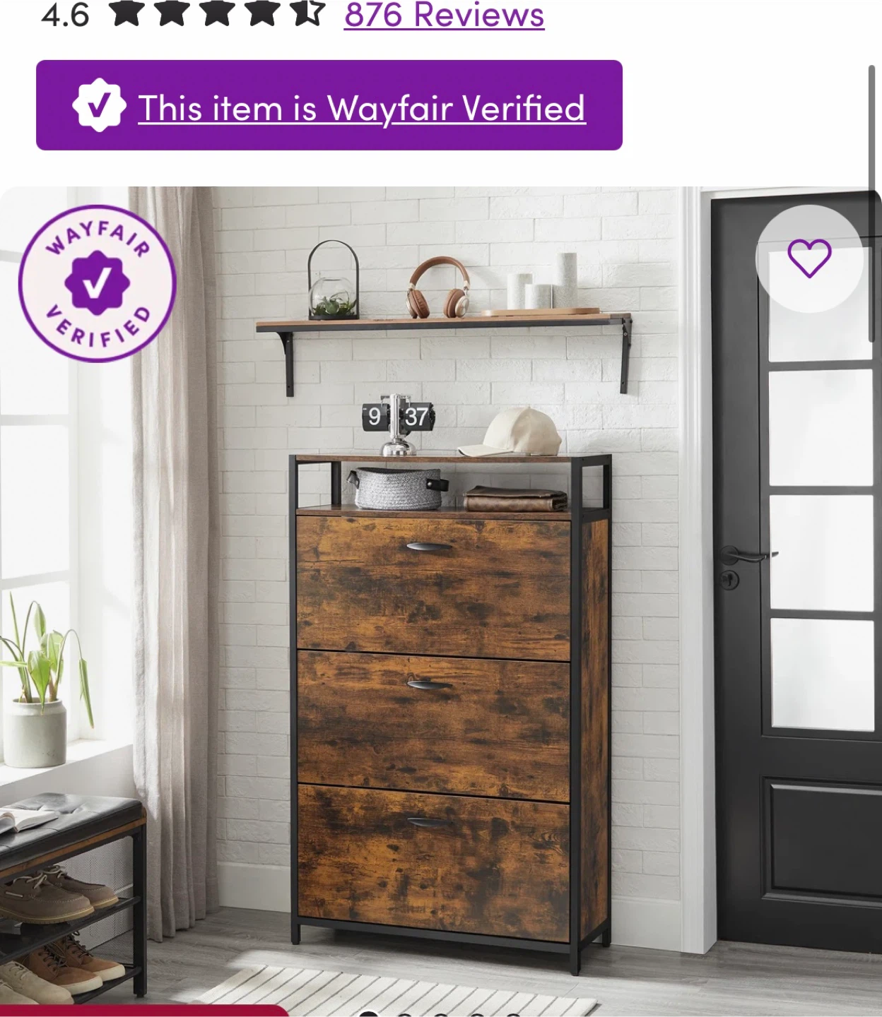 Rustic Brown Shoe Cabinet with 3 Drawers
