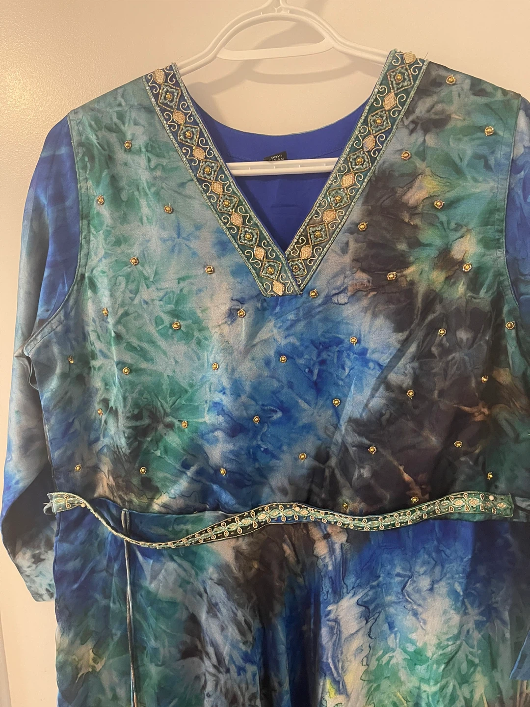 Blue Green Tie-Dye Dress with Embellishments