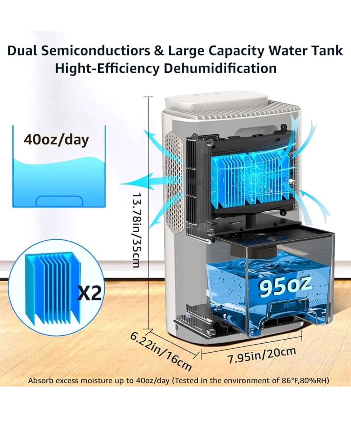 KNKA Dehumidifier - 95oz Water Tank, 800 sq. ft. Coverage, White - photo 2
