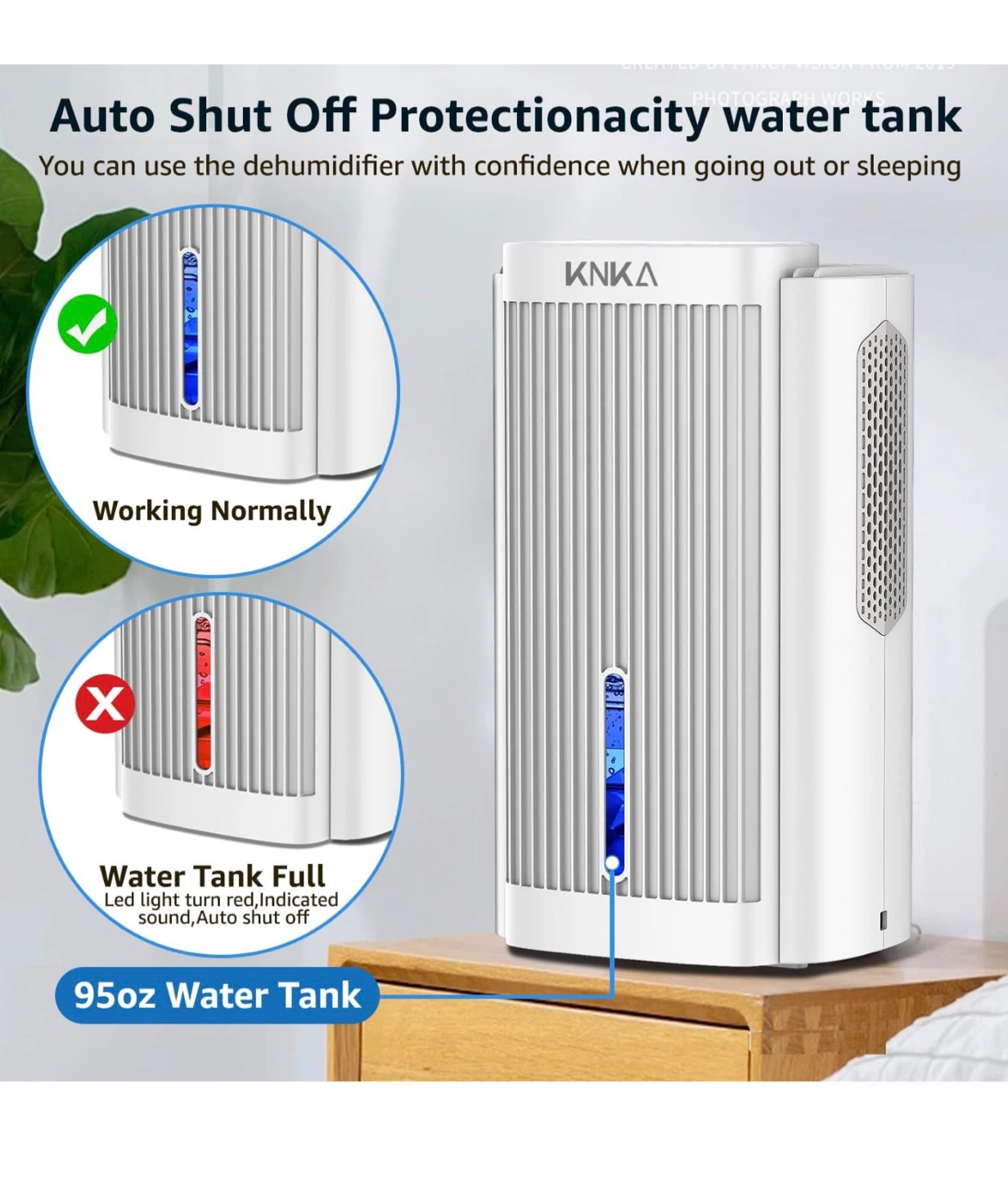 KNKA Dehumidifier - 95oz Water Tank, 800 sq. ft. Coverage, White - photo 5