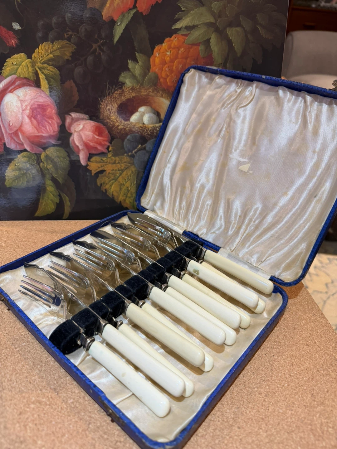 Set of 6 Silver-Plated Forks and Knives with Cream Handles