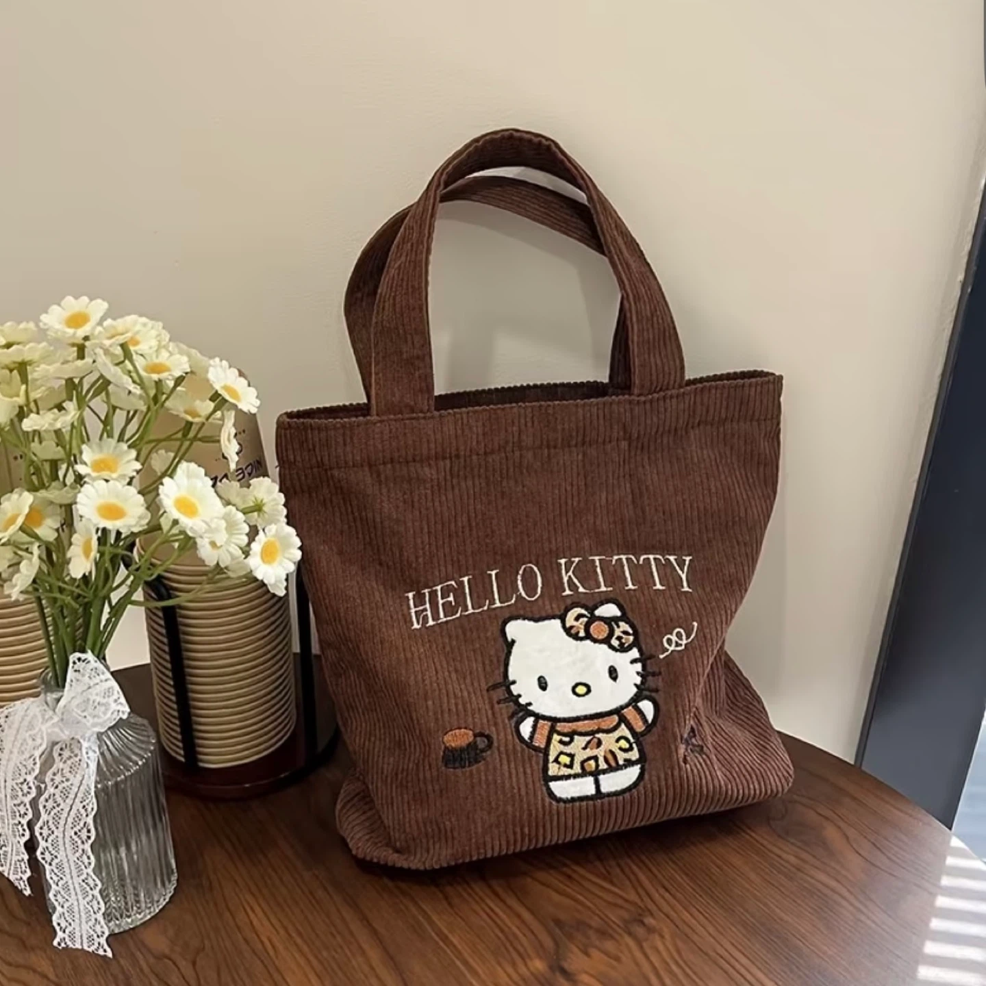 HELLO KITTY Corduroy Brown Leopard Kitty Tote Bag
